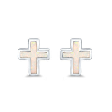 Cross Stud Earrings Lab Created White Opal 925 Sterling Silver (14mm)